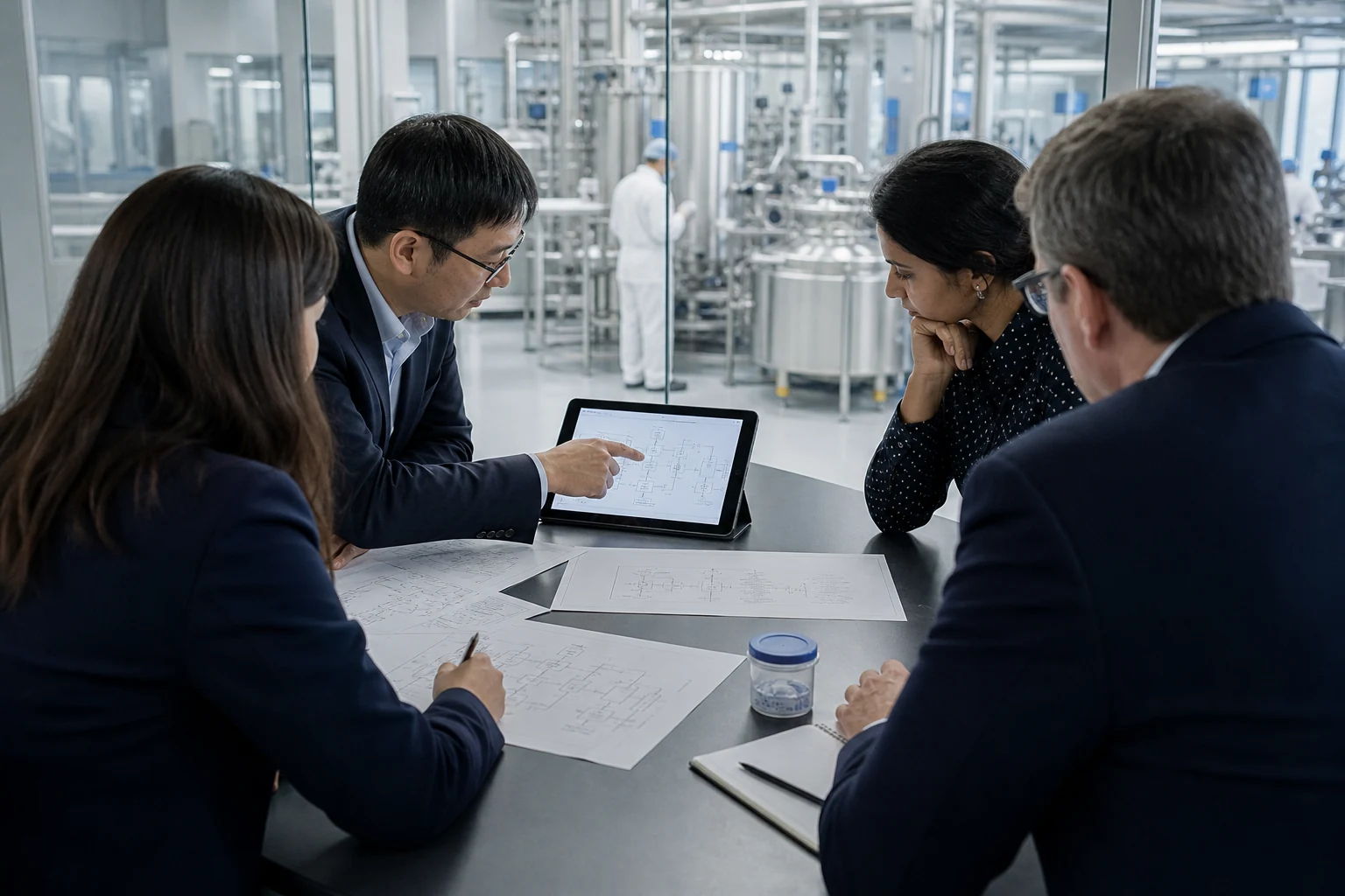 A technical transfer team reviewing pharmaceutical process integration beside a production facility