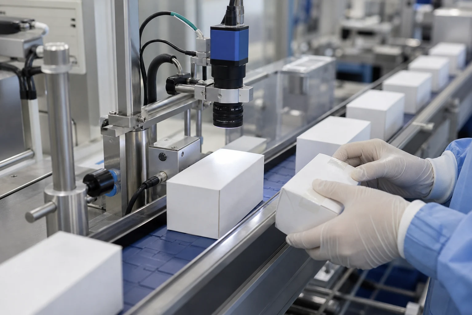 Sealed pharmaceutical packages passing through a machine-vision verification station