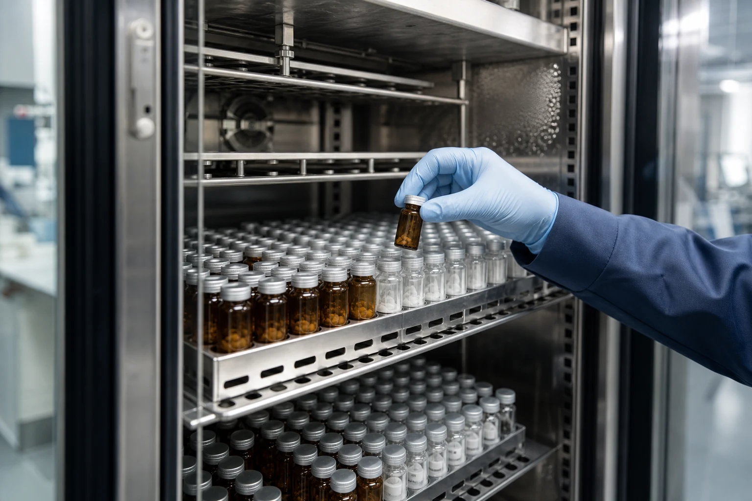 An analyst selecting a timepoint sample from a pharmaceutical stability chamber