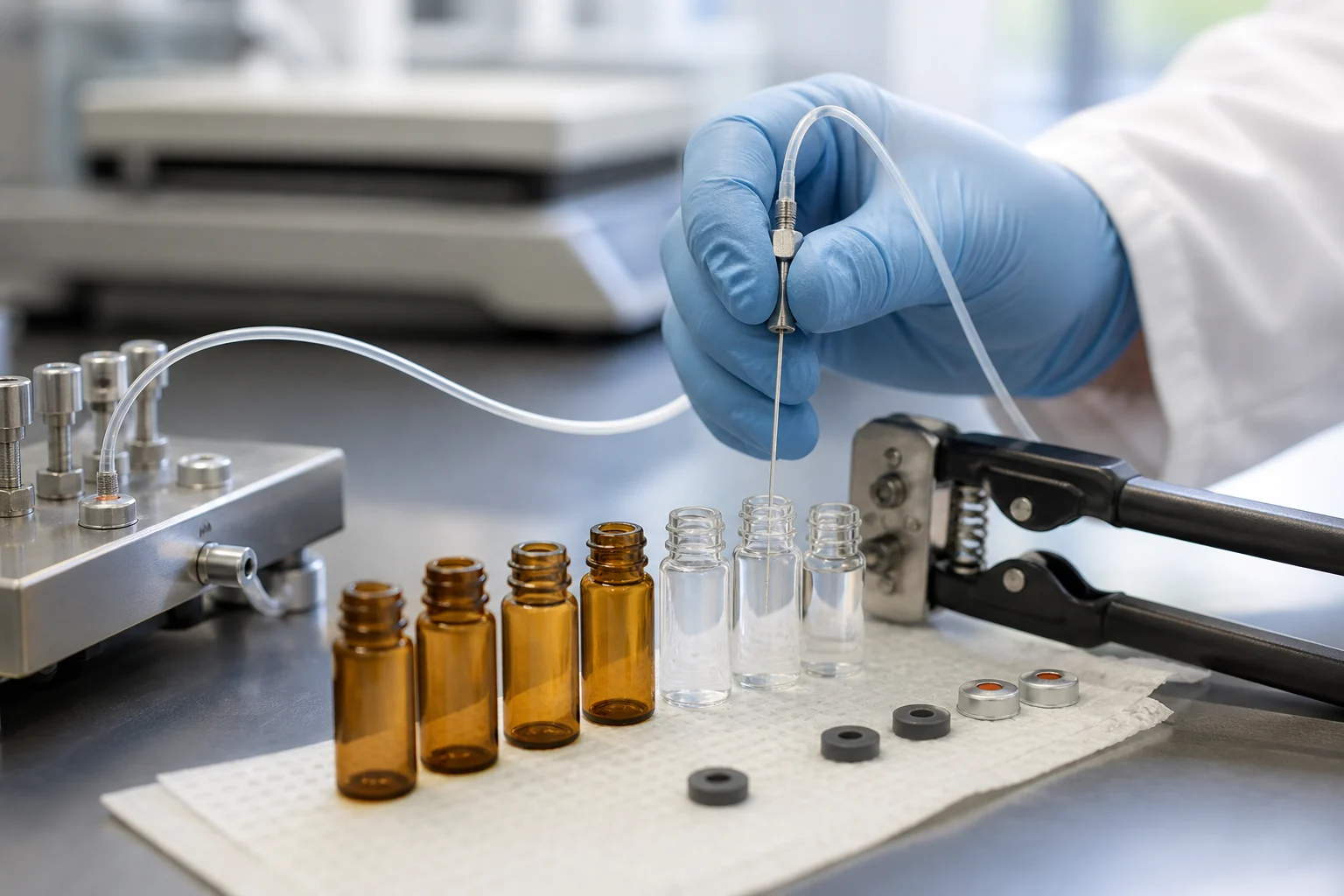 A scientist purging oxygen from pharmaceutical sample vials before sealing