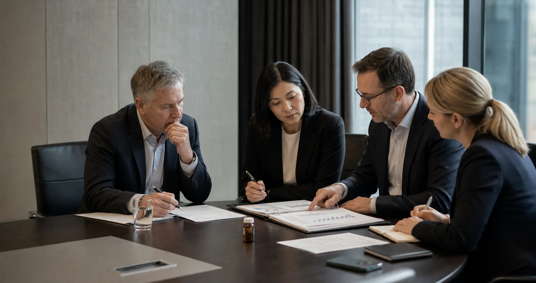 Investors reviewing diligence materials in a boardroom
