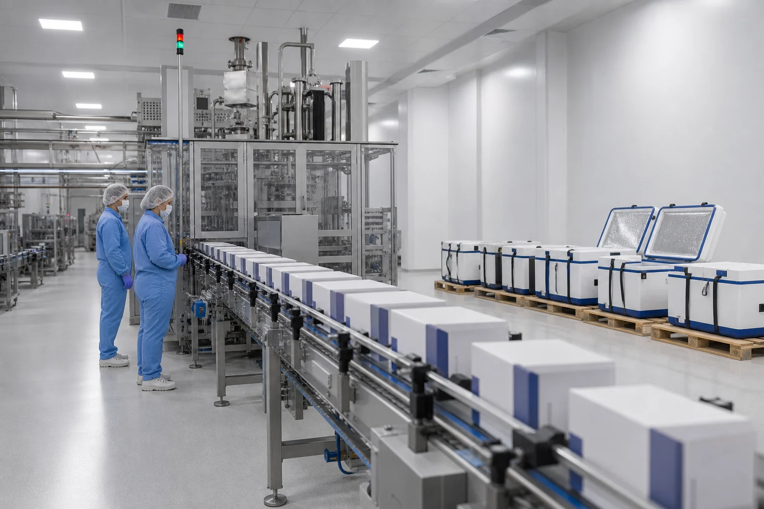 Operators monitor a pharmaceutical packaging line beside staged cold-chain shipping containers