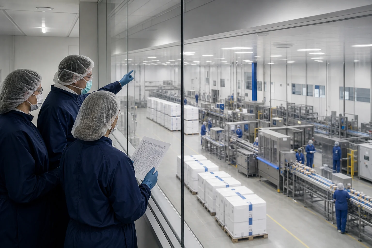 Three operations specialists review a pharmaceutical packaging floor from an observation corridor