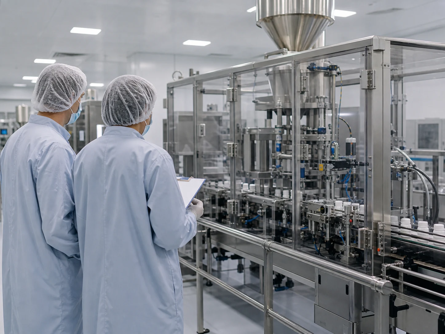 A technical transfer team reviewing pharmaceutical process integration beside a production facility
