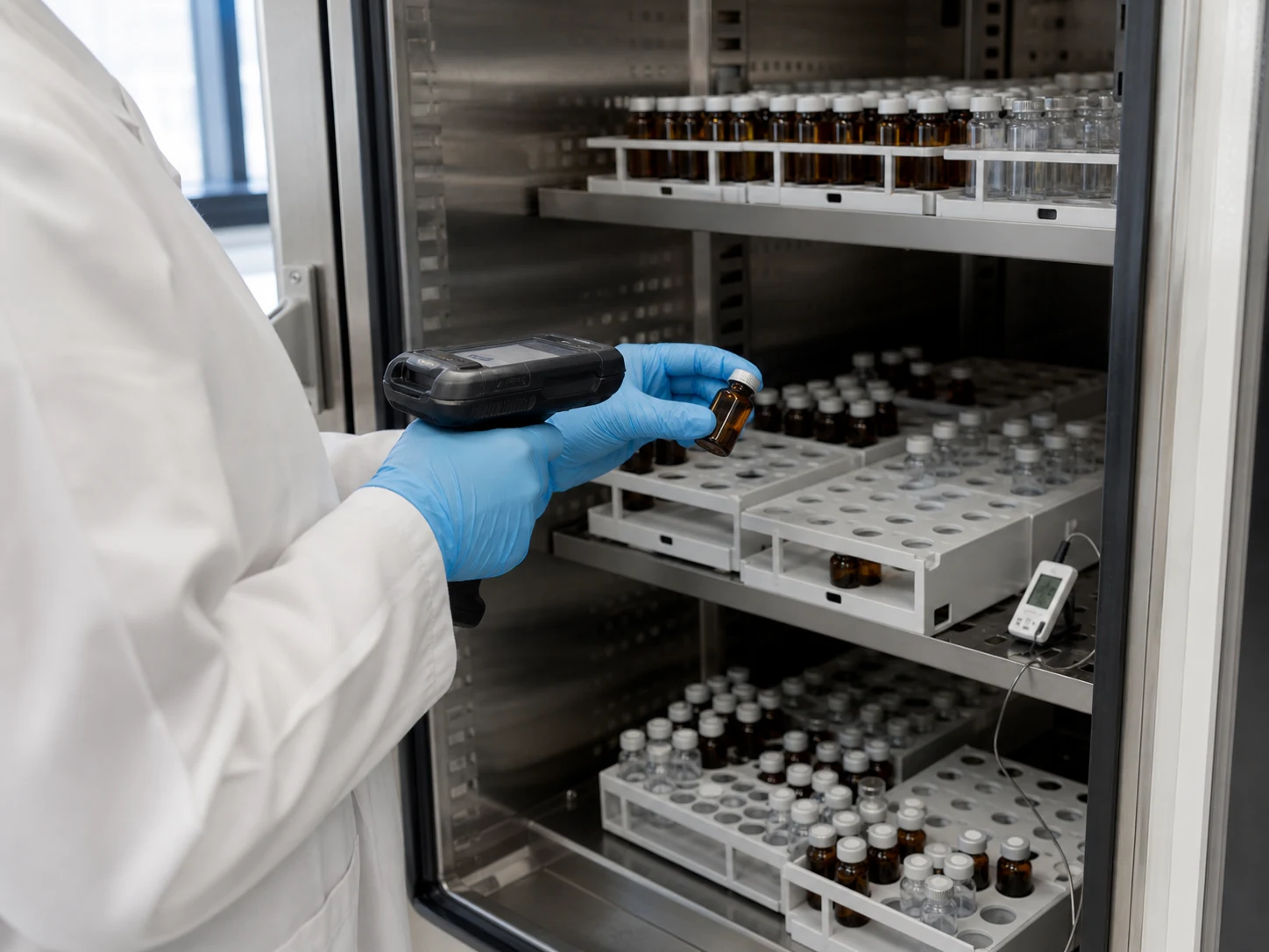 Sample vials arranged on a timepoint rack inside a temperature-controlled stability chamber