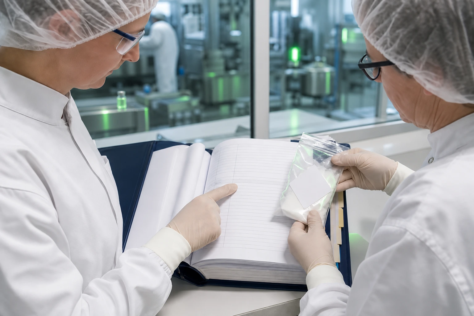 Quality professionals reviewing a batch record and an in-process sample
