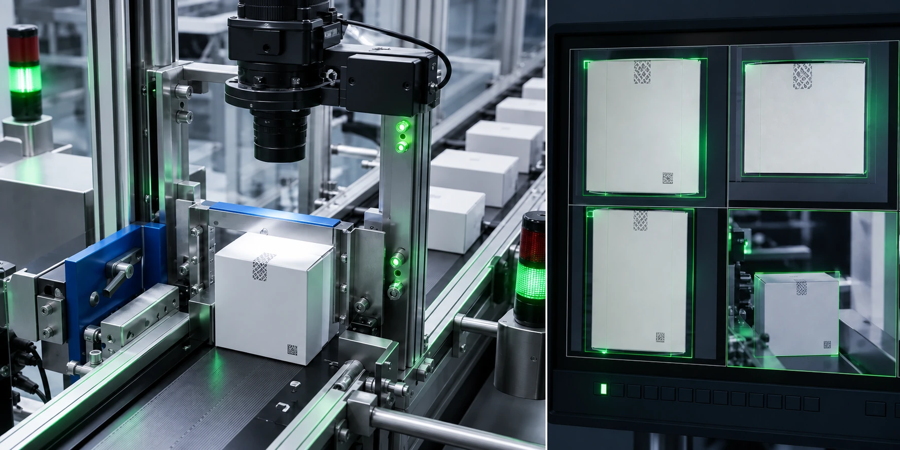 A machine-vision station verifying sealed cartons on a pharmaceutical packaging line
