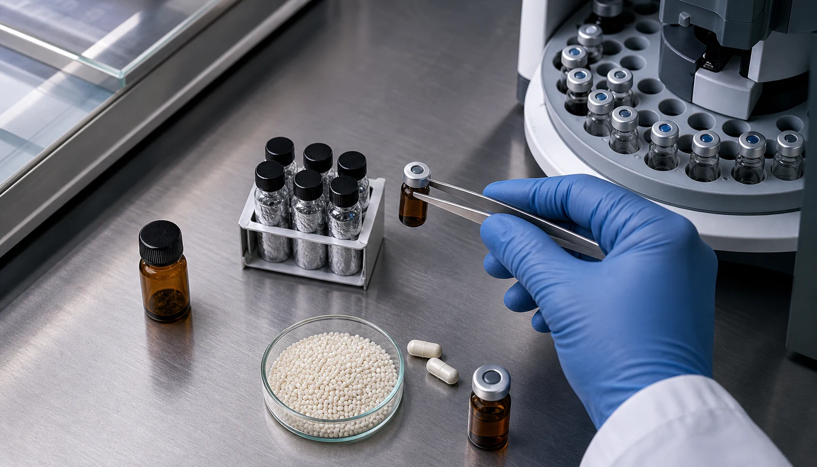 A scientist transferring a sample between stabilization, formulation, and analytical workstations