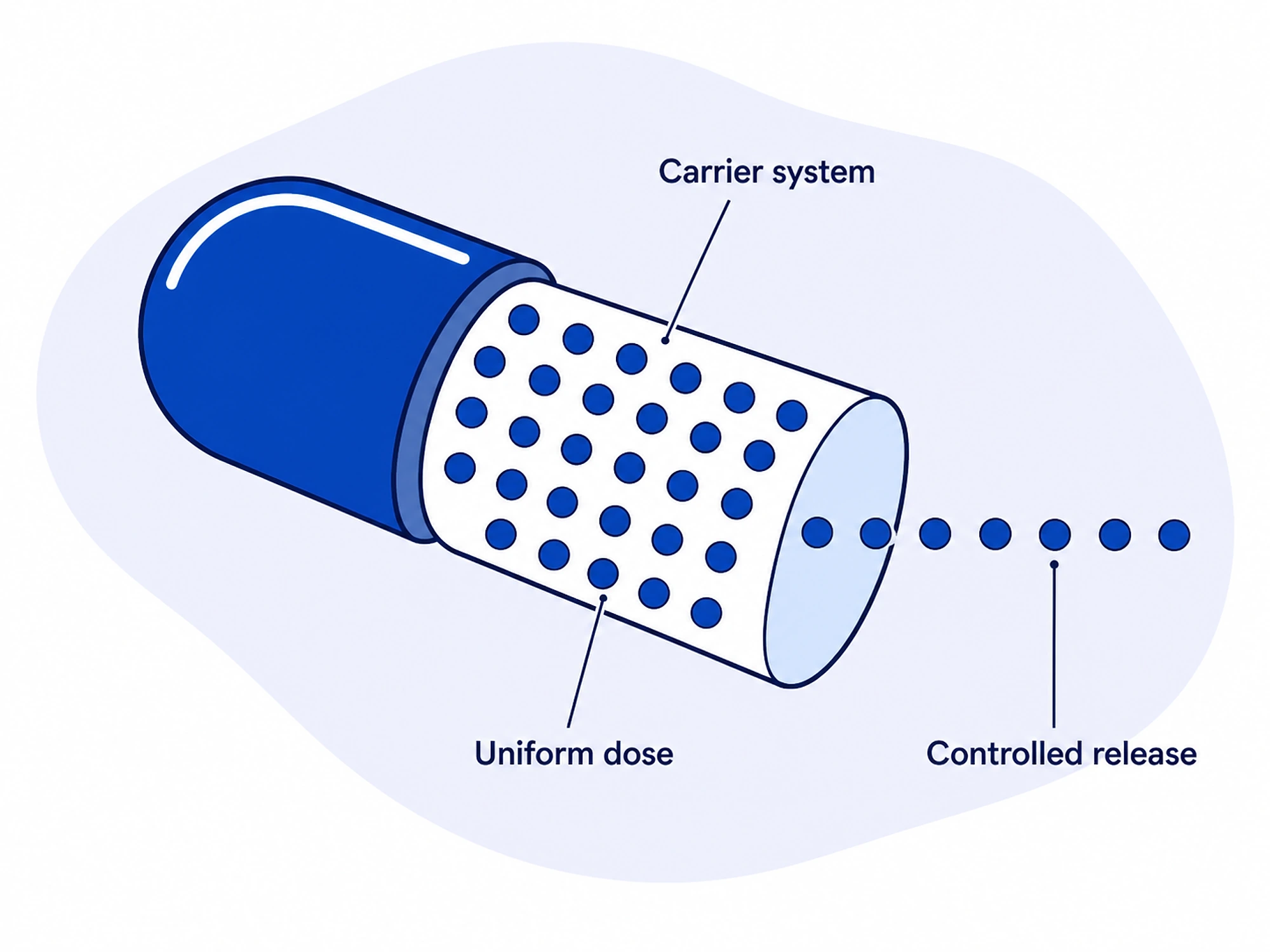 Diagram: a carrier system holding a uniform dose and releasing it at an even rate